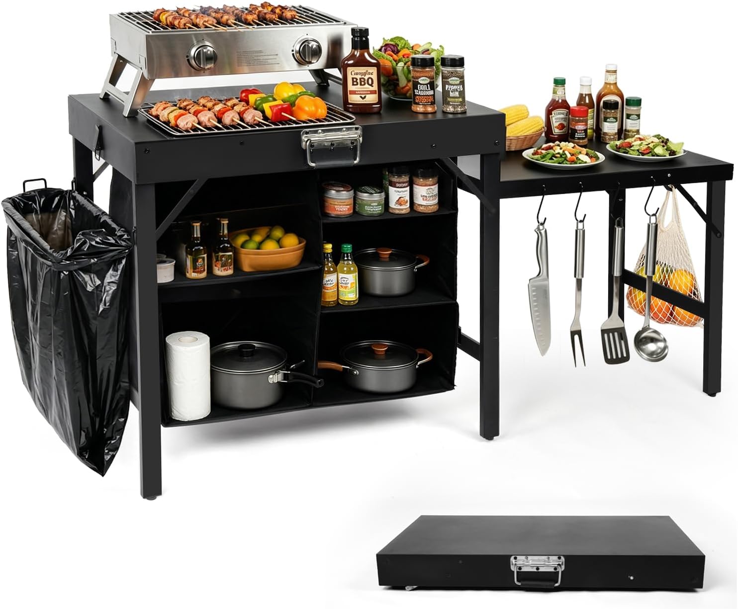 Outdoor Camping Kitchen Setup - Taşınabilir Katlanabilir Izgara Standı, Depolama Raflı,