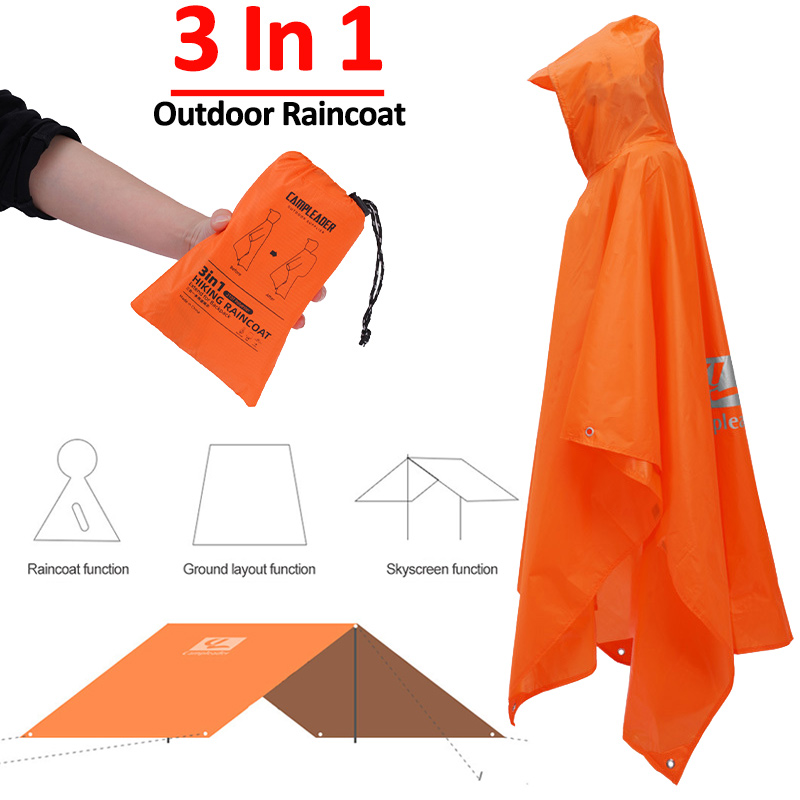 Camping Rain Poncho - 3'ü 1 Arada Açık Yağmurluk Kapşonlu
