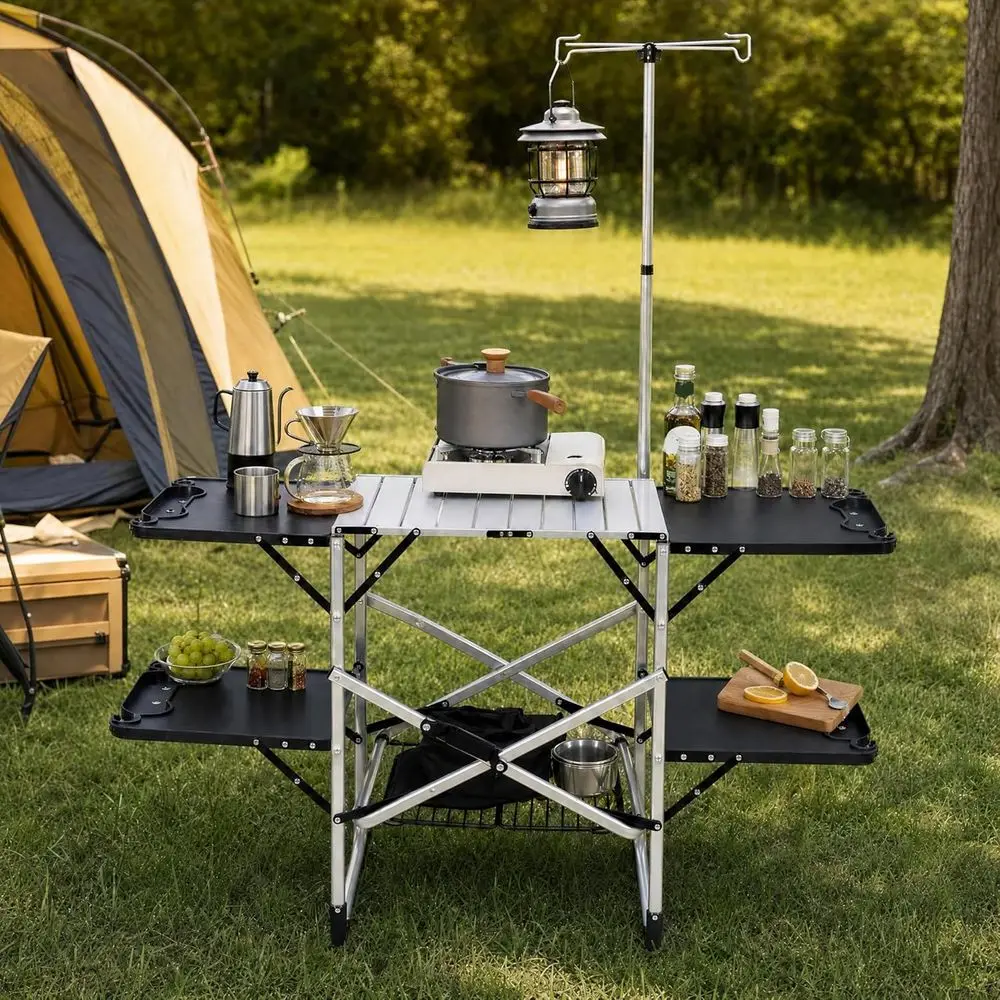 Outdoor Camping Table With Storage - Isıya Dayanıklı Üst Yüzeyli, 4 Yan